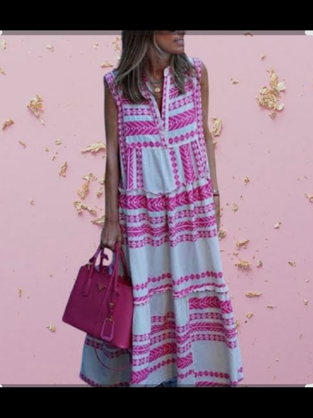 Sleeveless White and Pink Patterned Maxi Dress
